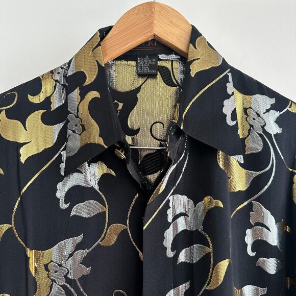 Vintage Silk Shirt Men Small Metallic Rave Disco Glam Club Baroque 90s Statement - Picture 6 of 13